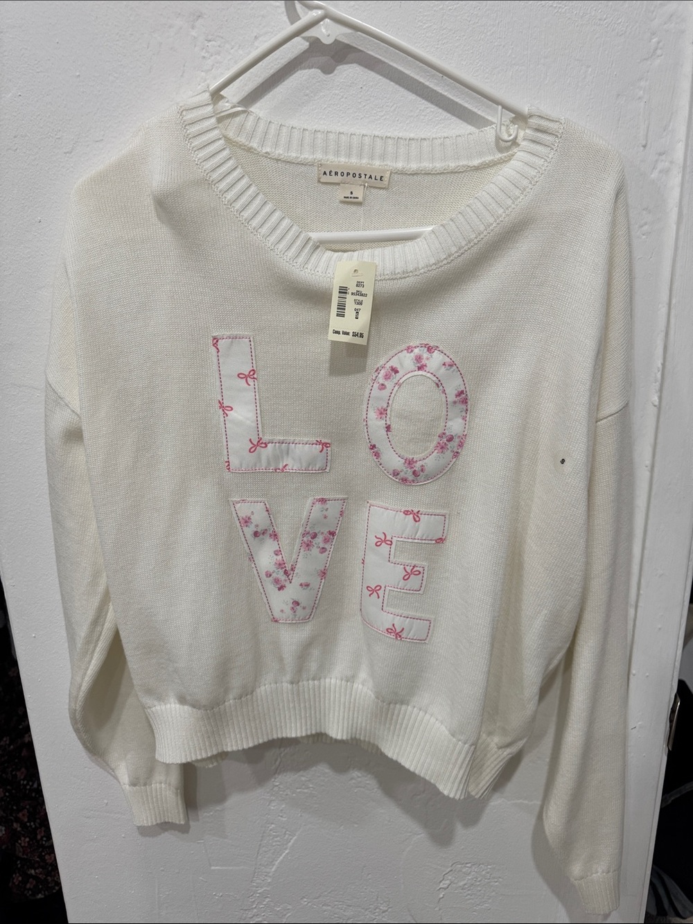 Aeropostale White Crewneck Sweater with Pink 'LOVE' Appliqué